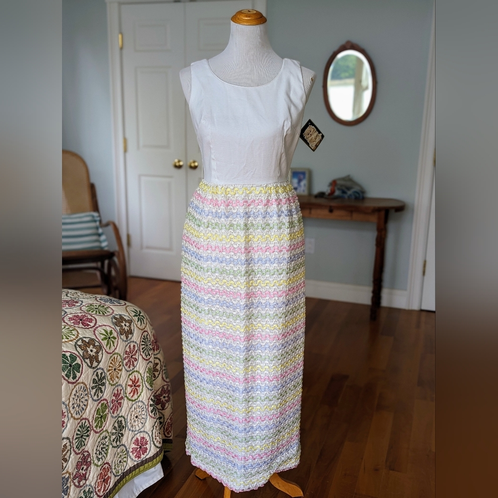 Vintage 1960s White & Pastel Stripe Ribbon Maxi Dress 6 Retro Kawaii Boho 60s